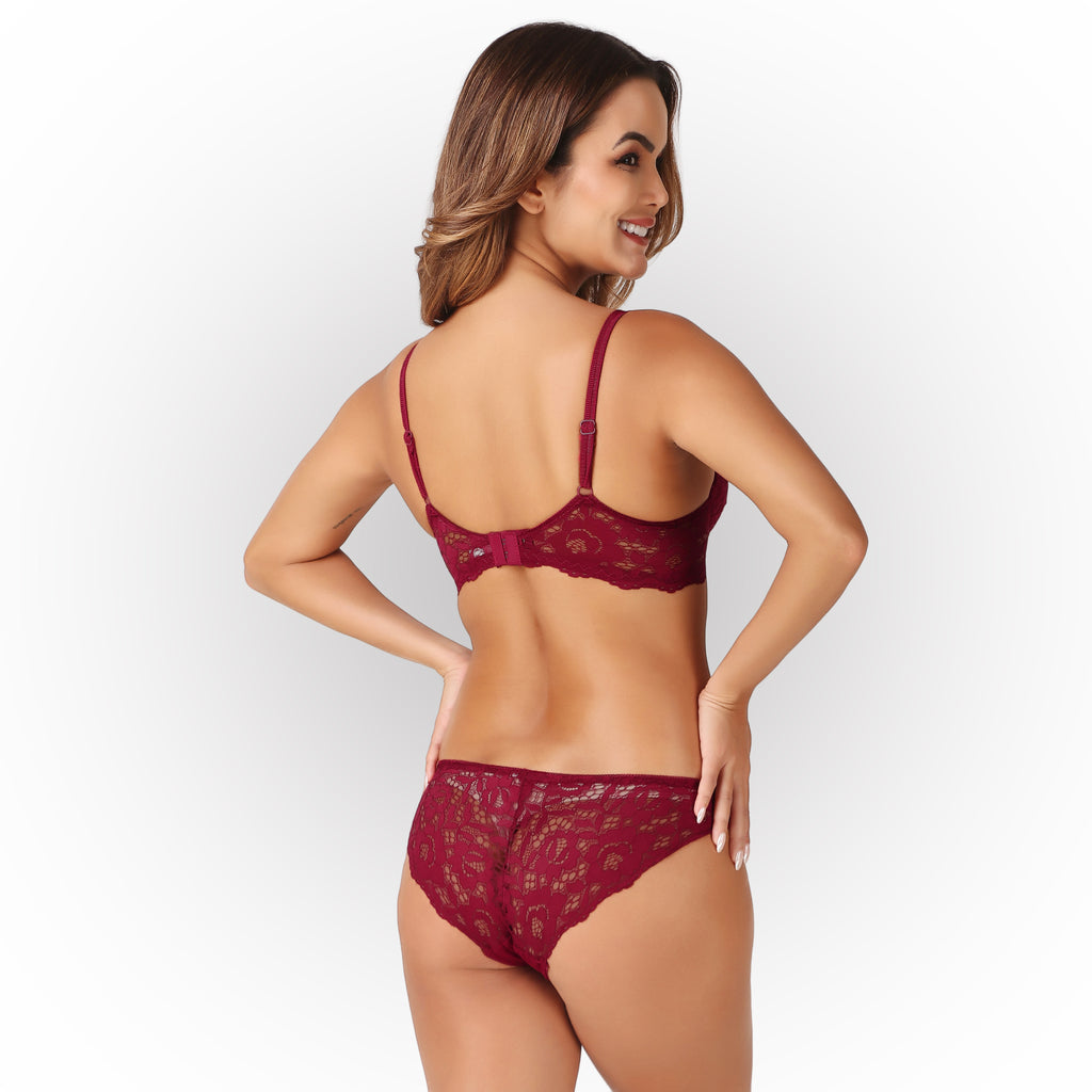 Women's Burgundy Floral Lace Padded Underwired Bra & Panty Lingerie Set