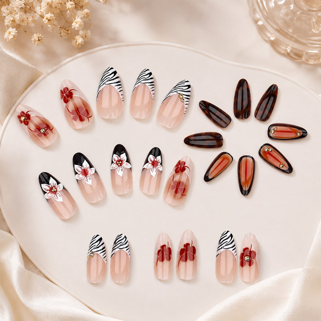 Almond Press-On Nails – 24-Piece 3D Flower & Tortoiseshell Nail Set