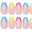 Secret Lives designer matte ombre artificial nails extension skin color with lemon pink & blue tips design 24 pieces fake nails set with glue sheet convinent than manicure.