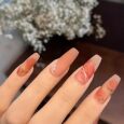 Secret Lives designer long artificial nails extension matte reddish orange rose with white pearls fake nails design 24 pieces set with manicure kit convenient than manicure