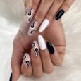 Translucent Pink & White Black Curve Design Fake Fingernails