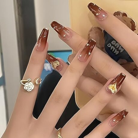 Brown Golden Studs - Artificial Acrylic Nails